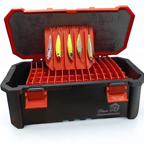 Caixa de Iscas Artificiais Pesca Plus - Preta/Laranja - Cap. Max. 80 iscas