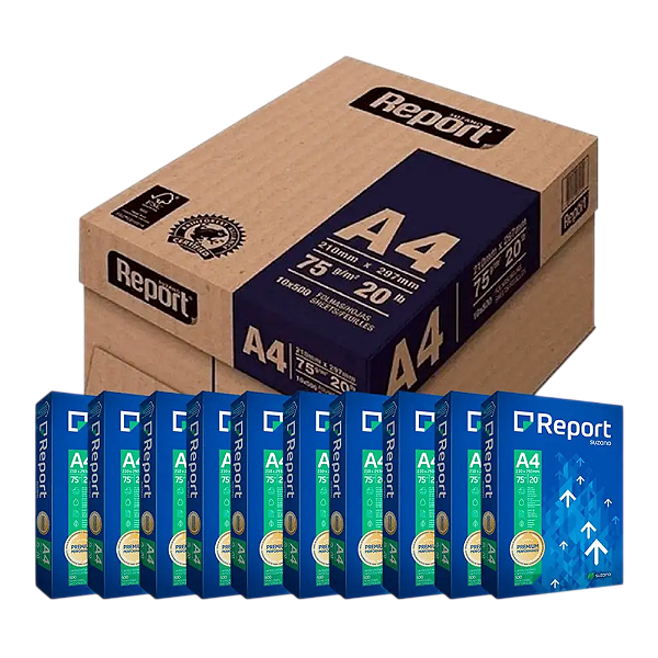 Caixa Papel Sulfite A4 75g Resma 500 Folhas Report Premium 10 Unidades
