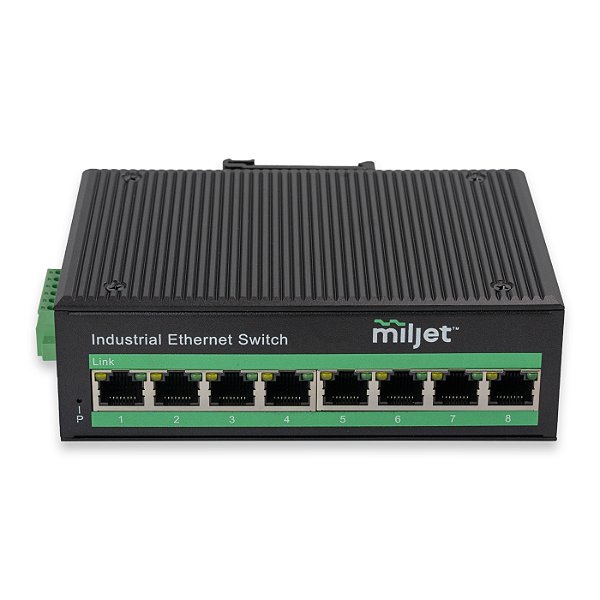 Switch Industrial de Liga de Alumínio 8xRJ45 GbE, Trilho DIN, Fonte DC 12~52V