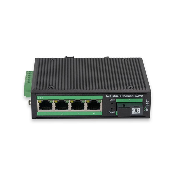 Switch Industrial de Liga de Alumínio 4xRJ45 GbE, 1xSC Fixo SM, 10km, Trilho DIN,LADO B
