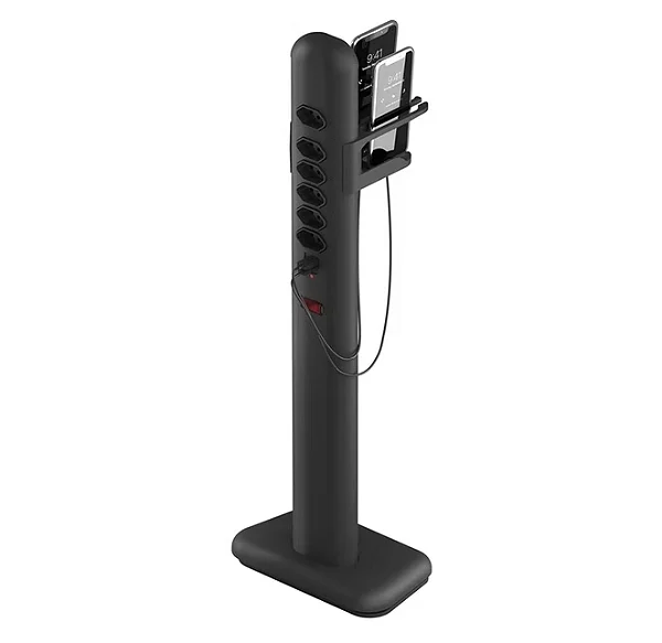 Totem Elétrico 6 Tomadas + Usb-C/Usb A Com Suporte Para 4 Smartphones Black