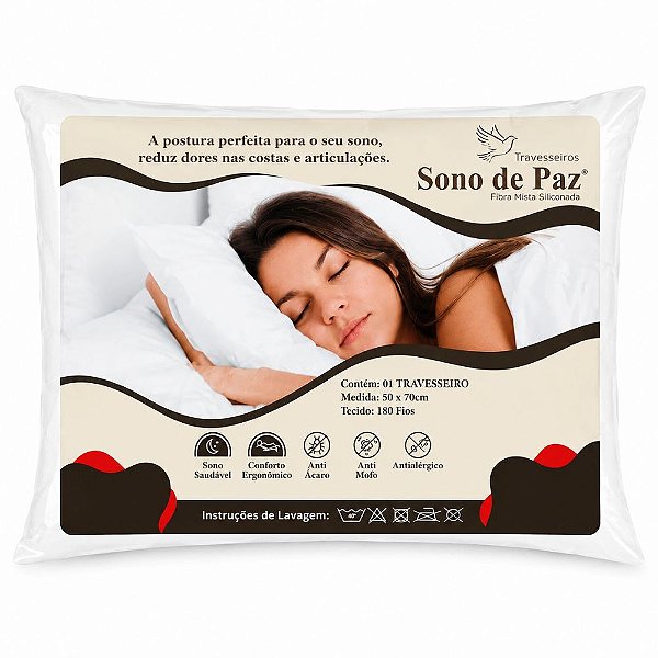 Travesseiro Sono de Paz 50x70cm Fibra Mista Siliconada Antialérgico Antiácaro Conforto Ergonômico