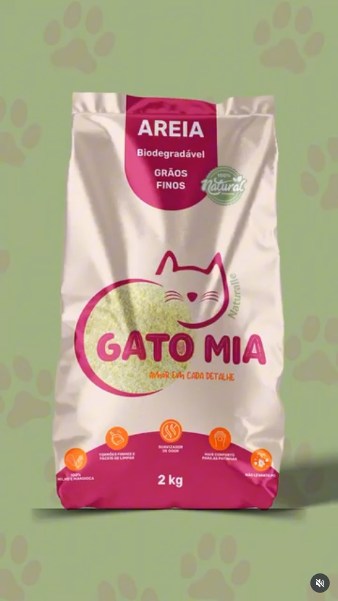 Areia higiênica biodegradável Gato Mia 2kg Grão Finos