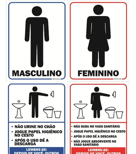 Kit 4 Placas para Banheiro Feminino Masculino com Regras WC