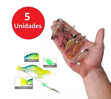 Kit 5 Iscas Camarão Artificial Pescaria Fácil Encastroado Sortidas
