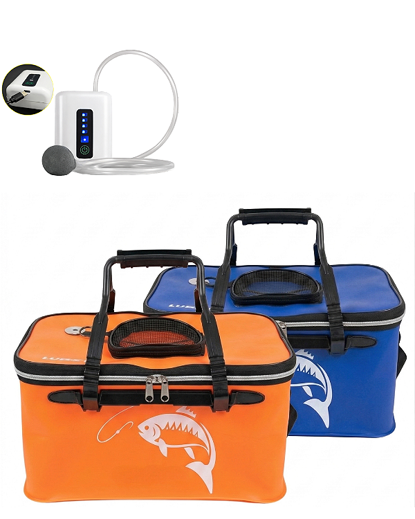 Bomba Oxigênio Deáyser Branco + Bolsa Viveiro Armazenar e Transportar Isca Viva Lambari Camarão - Dépayser