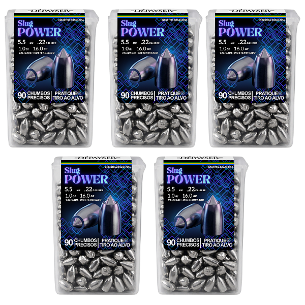 Kit 5 Chumbinho Slug Power 5.5mm Pontiagudo Pointed Carabina Munição Chumbo 450 Unidades - Exclusivo Dépayser
