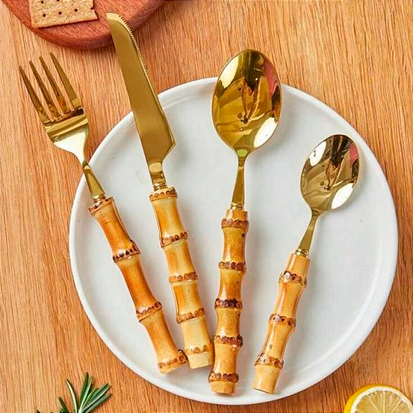 Kit Talher Dourado Bamboo Elegance – 4 Peças