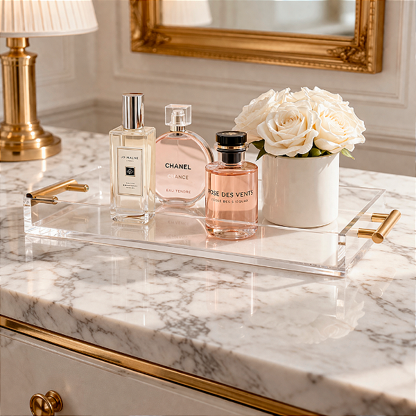 Bandeja Acrílica Alça Dourada - 5 x 46,4 x 20 cm