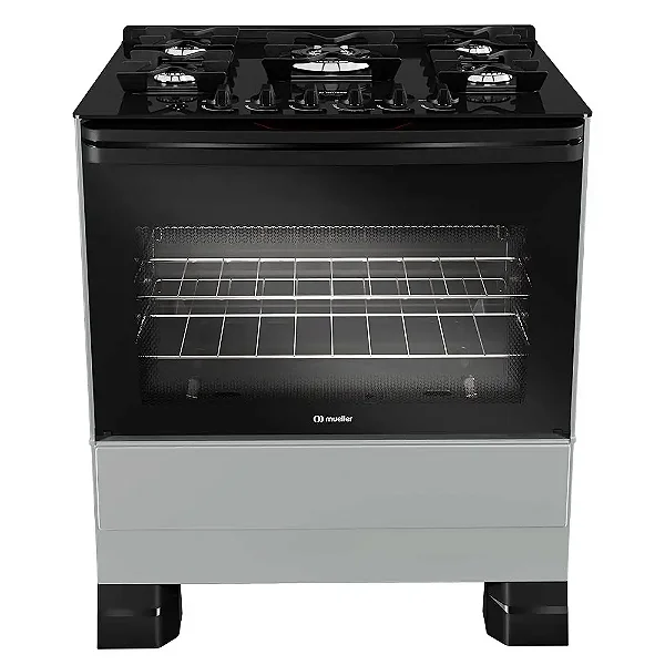 Fogão Mueller 5 bocas Titânio com Mesa de Vidro e grades de ferro fundido MFV5BF