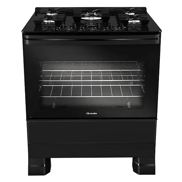 Fogão Mueller 5 Bocas Preto com Mesa de Vidro e Grades de Ferro Fundido MFV5BF