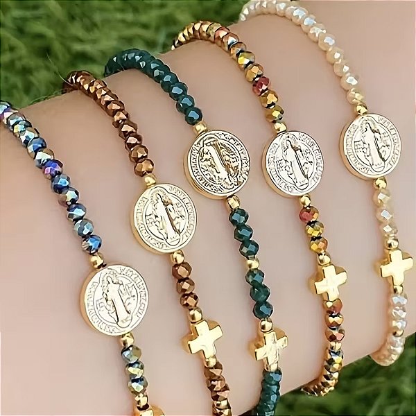 PULSEIRA FEMININA ESTILO BOÊMIO COM RETRATO CRUZADO E CONTAS REDONDAS DUPLA FACE