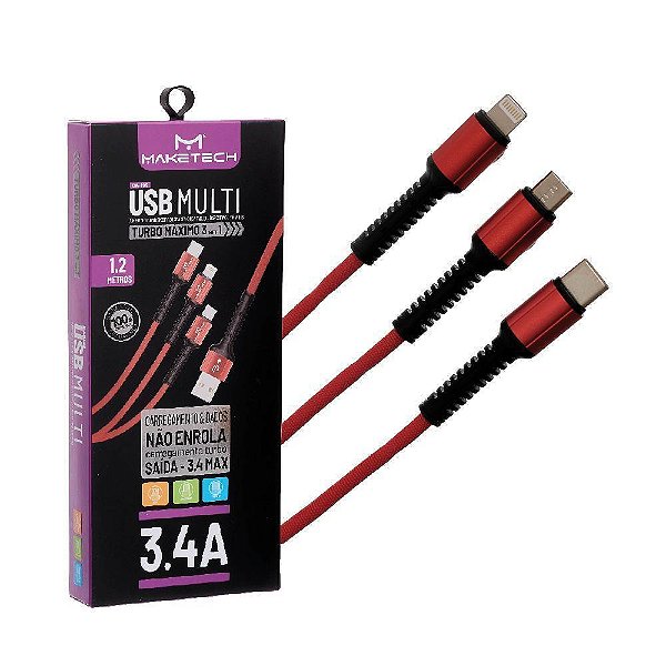 Cabo Usb Ca-195 Tipoc/ios/android Vermelho Maketech