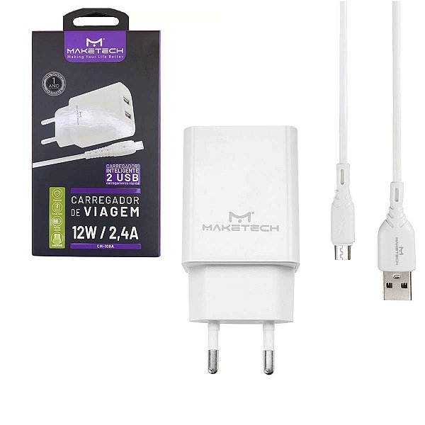 Carregador 2 Usb Com Cabo V8 Android Cm-109a 2.4a Branco Maketech