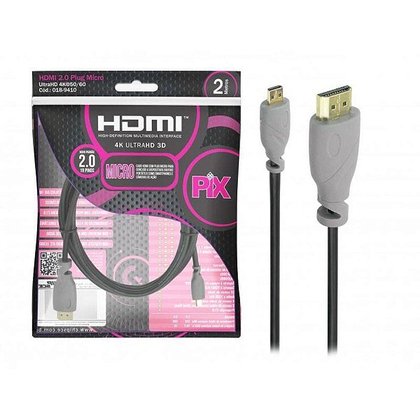 Cabo Micro Hdmi Para Hdmi 2 Metros 2.0 Ultrahd 4k 3d Chipsce 018-9410