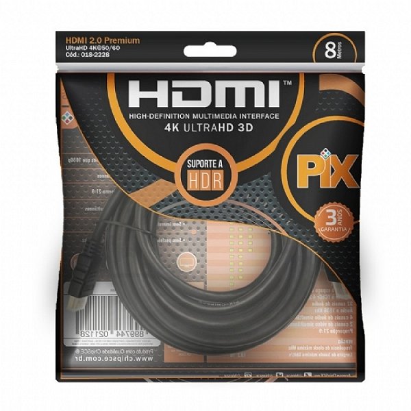 Cabo HDMI 2.0 Premium 4k UltraHD 3D 19 Pinos 8 Metros