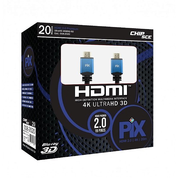 Cabo Hdmi 20Mts Versao 20 4K Ultra Hd 19 Pinos Pix 018-2020