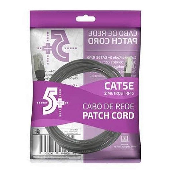 Cabo De Rede Patch Cord Cat5E Ftp Blindado Gigabit - 2M - Preto 5+