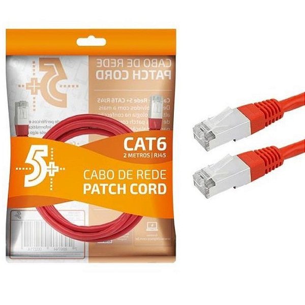 Cabo De Rede Patch Cord Cat6 Ftp Blindado Gigabit 2M Vermelho 5+