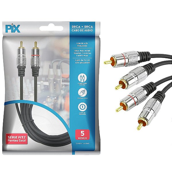 Cabo Áudio Rca Stereo Blindado Metal 2x2 Fitz-A3 5 Metros