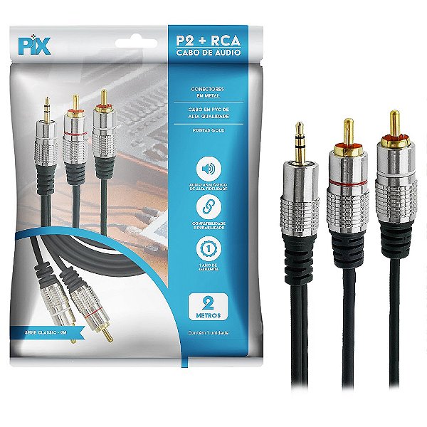 Cabo Áudio P2 Rca Fitz P2 Estereo 2 Rca Macho Plug Metal 2M