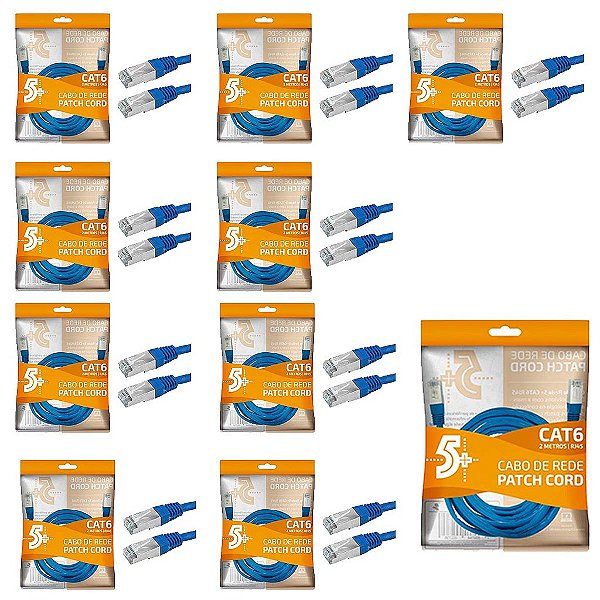 Kit 10 Cabo De Rede Patch Cord Cat6 Ftp 2 Metros Azul Blinda