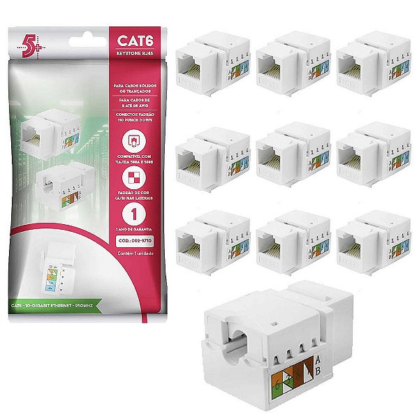 Kit Atacado 10 Keystone Fêmea Rj45 Cat6 10Gbps Branco 5+