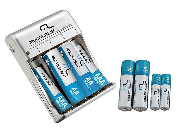 Kit Carregador De Pilhas Multilaser + 8 Pilhas Aa/aaa Recarr