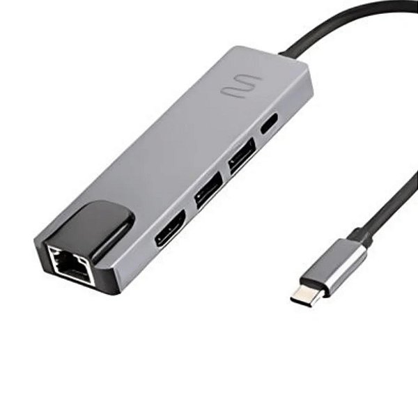 HUB Dock USB-C 5x1 com HDMI 4K, RJ45 Ethernet, USB 3.0 pd