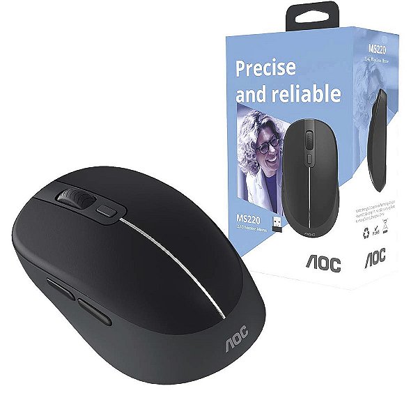 Mouse Optico Sem Fio Aoc 2,4Ghz Office Preto 1600dpi Ms220B
