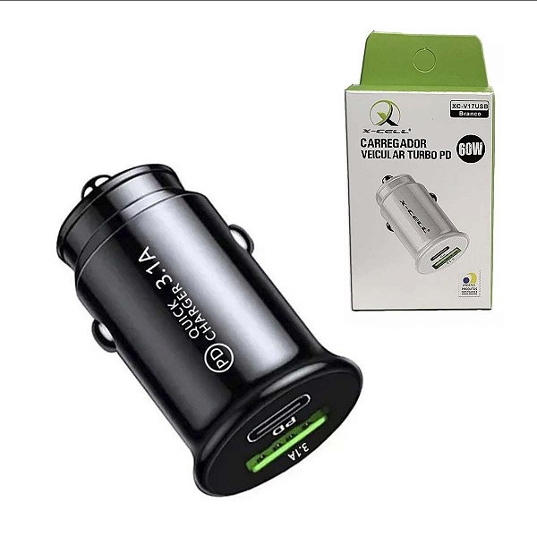 Carregador Veicular Turbo Usb C E Usb 60w Pd X-cell Preto