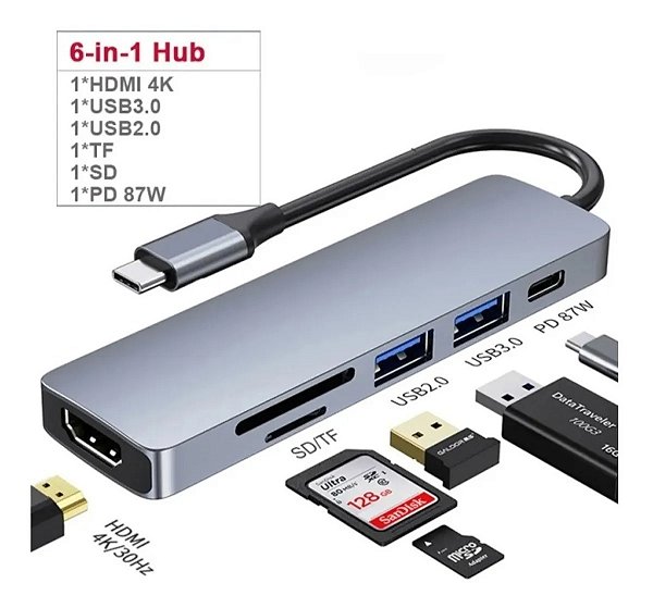 Hub Usb Tipo C 6 Em 1 Hdmi Usb C Leitor Compativel Macbook