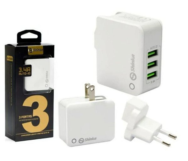 Carregador Usb 3.4A Com 3 Porta Usb Auto-Id Shinka Sh-A3303