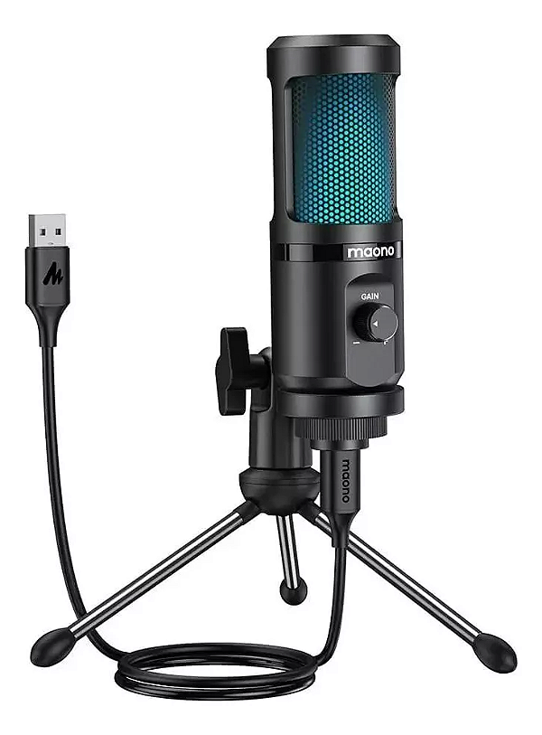 Microfone Gamer Podcast USB RGB Condensador Maono C/ Tripé