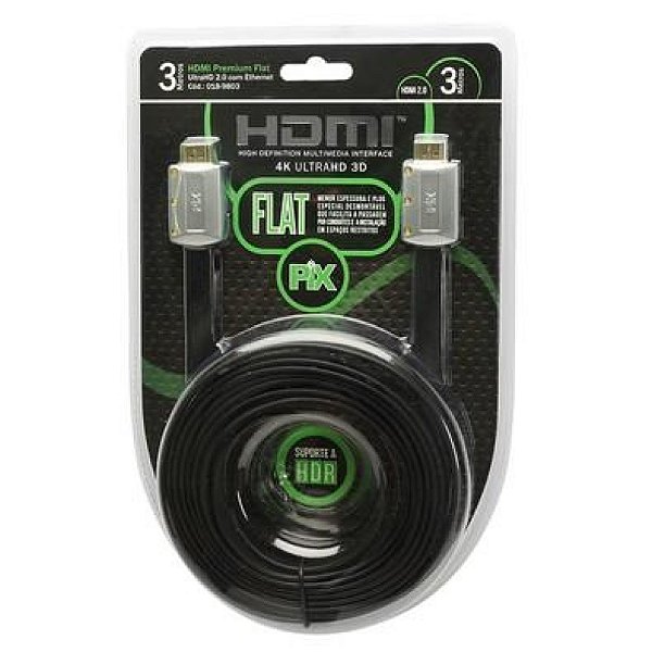 Cabo Hdmi 3m Flat Desmontavel 2.0 4k Ultrahd 3d 19 Pino