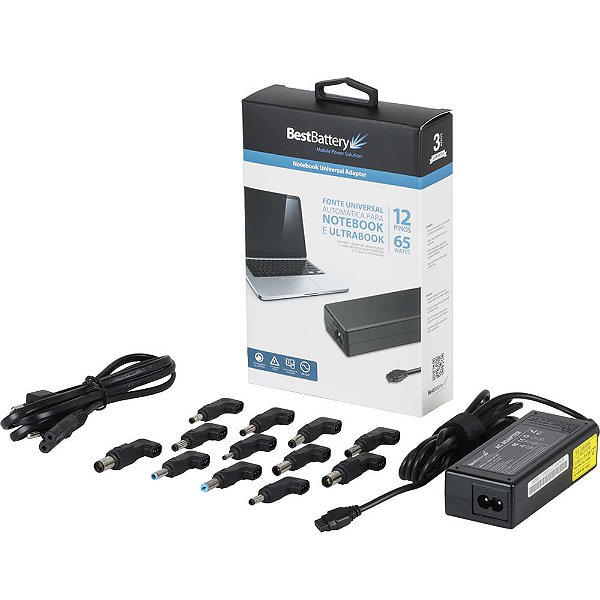 Fonte Universal Para Notebook 65W 12 Pinos 15-20V Maximo 4A