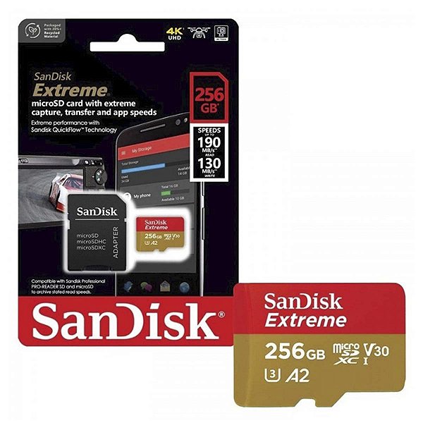 Cartao De Memoria Micro Sd Extreme Sandisk GoPro Drone 256Gb