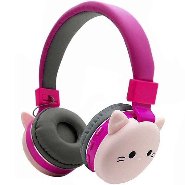 Fone De Ouvido Animais Infantil Crianca Bluetooth Gato Rosa