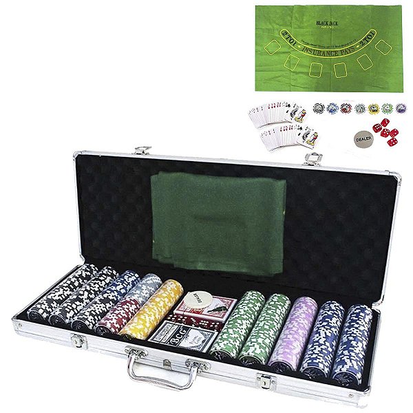 Kit Maleta Poker 500 Fichas Numeradas Toalha Jogo De Cartas