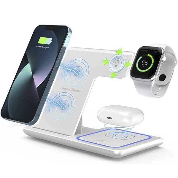 Carregador Base Dock Sem Fio 3x1 Para Iphone Indução Branco