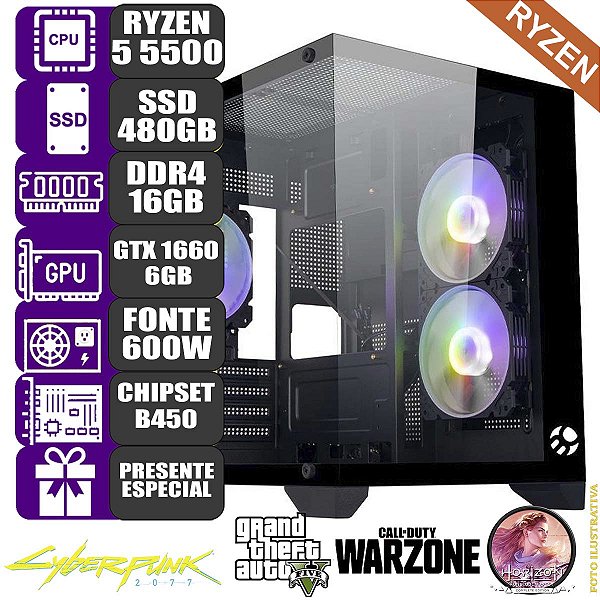Computador Pc Gamer Mdi Ryzen 5 5500 16GB GTX1660S 6GB 480GB
