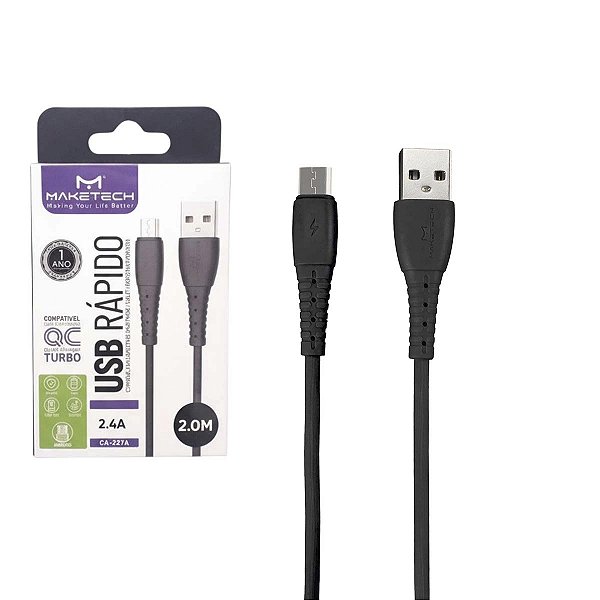Cabo USB Para V8/Micro USB 2M Preto Maketech CA-227A