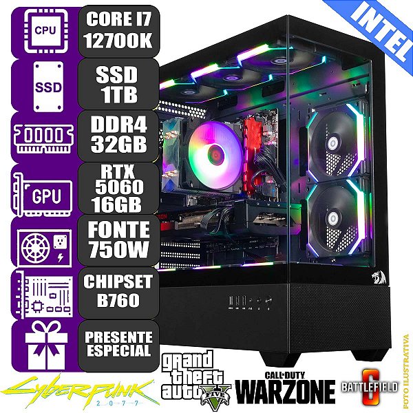 Computador Pc Gamer Mdi Intel Core i7 12700K RTX 5060TI 16G