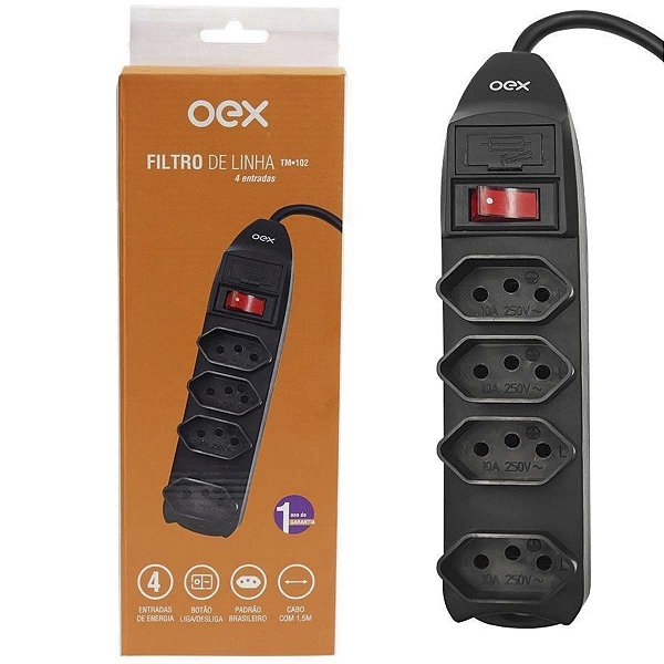 Filtro Linha Proteção Elétrica 4 Entradas Preto OEX TM102pr