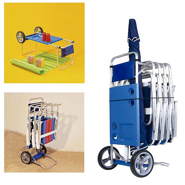 Carrinho De Praia Alumínio Até 5 Cadeiras Vira Mesa Mor
