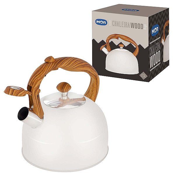 Chaleira Wood 2,5 Litros Apito Moderna Mor Aço Inox Bege