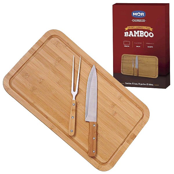 Conjunto Churrasco Tábua Faca Garfo 30*50cm Alça Bamboo Mor