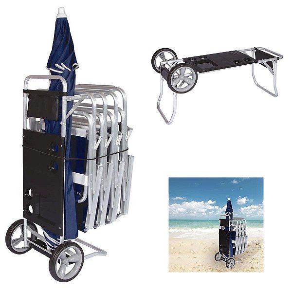 Carrinho De Praia Alumínio Até 5 Cadeiras Vira Mesa Preto