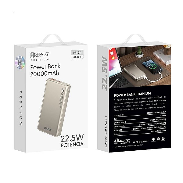 Carregador Portátil Power Bank Titanium 20.000mAh Pd 65W