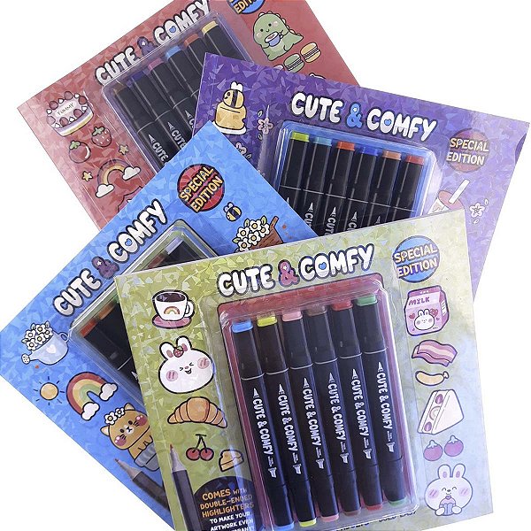 Kit 6 Canetas Ponta Fina/Grossa + Livro Colorir Cute & Comfy